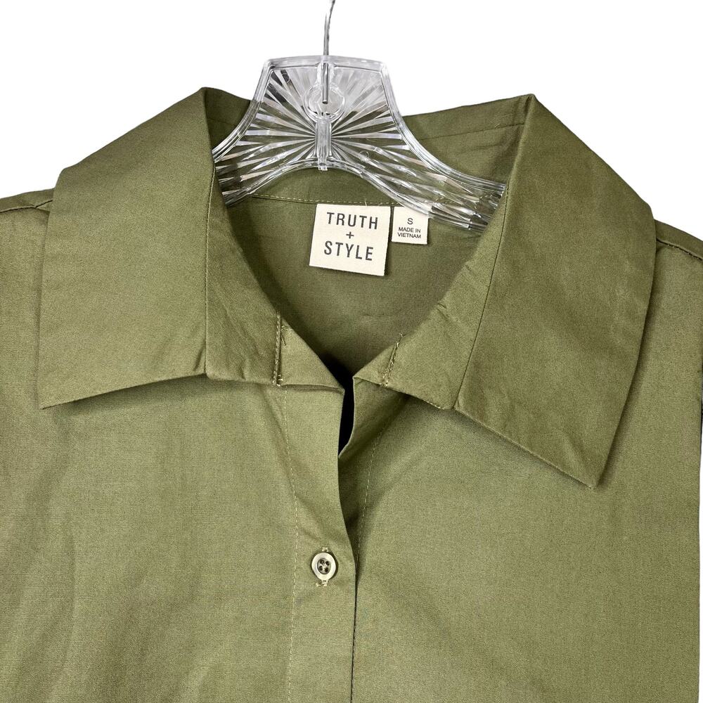 Truth + Style Woven Dolman Sleeve Green Button Shirt w/ Shark Bite Hem - Picture 5 of 8